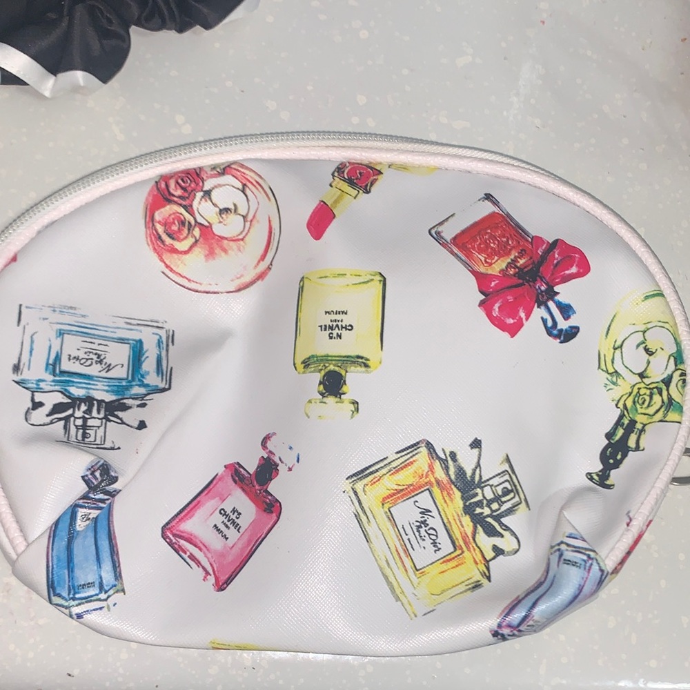 White Cosmetic Pouch with Multicolor Perfume Bottle Print